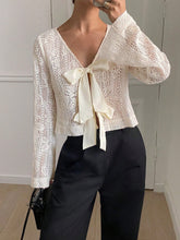 Frenchy Women Elegant Solid Color Flare Sleeve Tie Neck Blouse